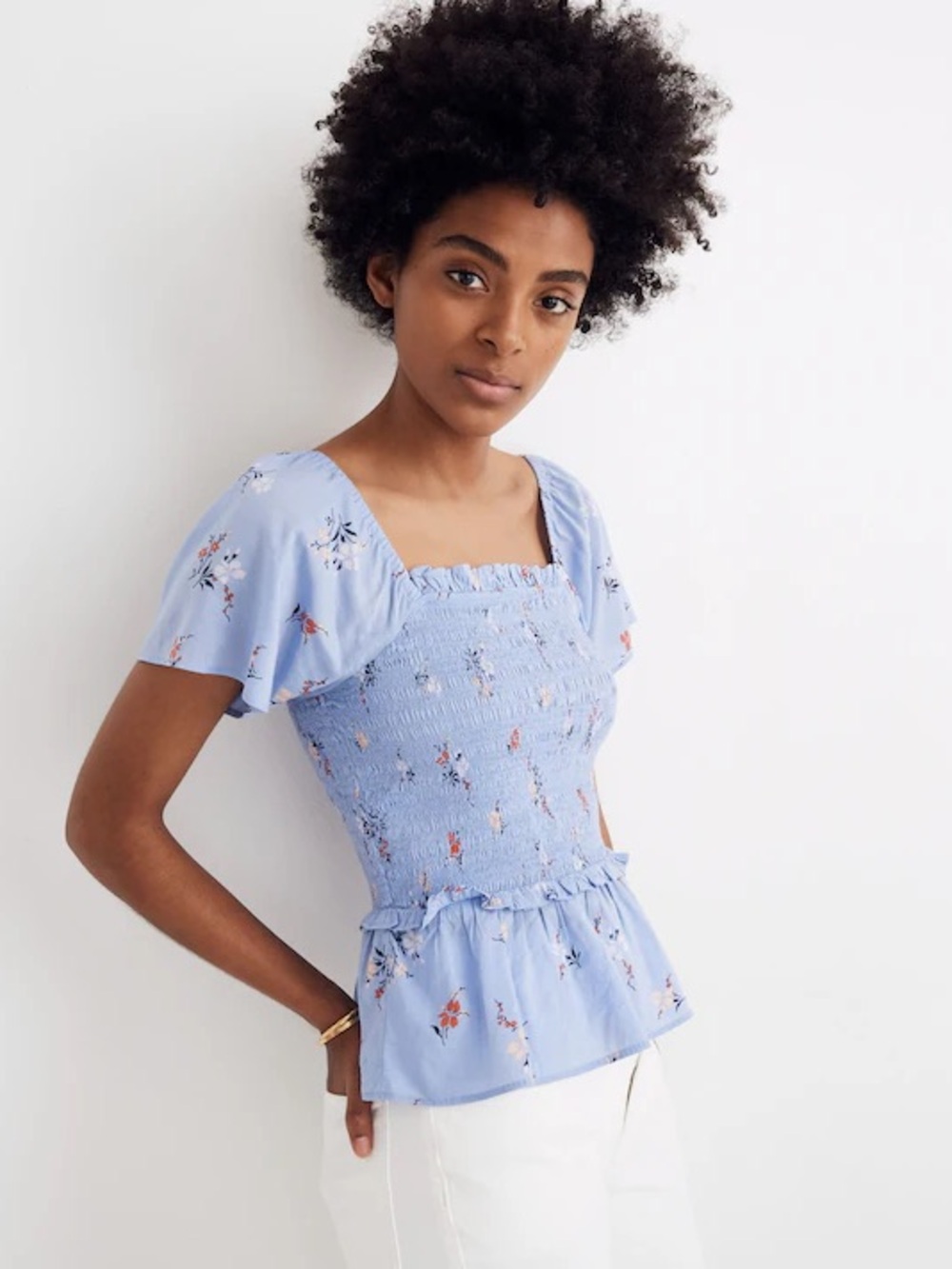 Madewell Blue Smocked Flutter Sleeve Aloha Floral Peplum Square Neckline Top-S
